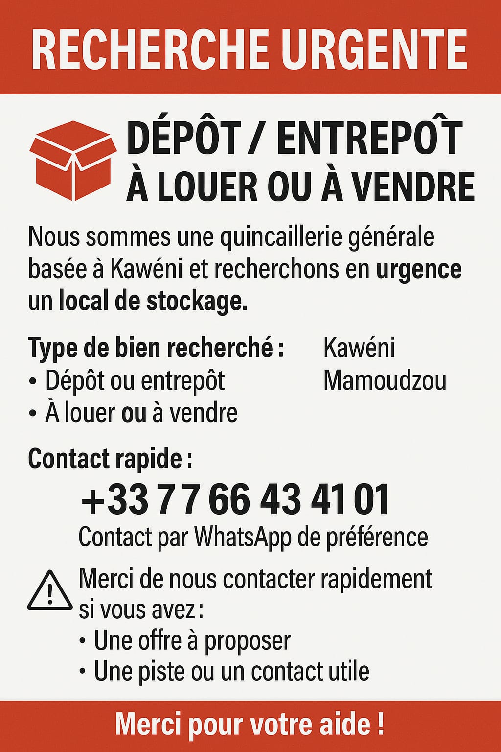🔎 URGENT – Recherche dépôt à louer ou à vendre