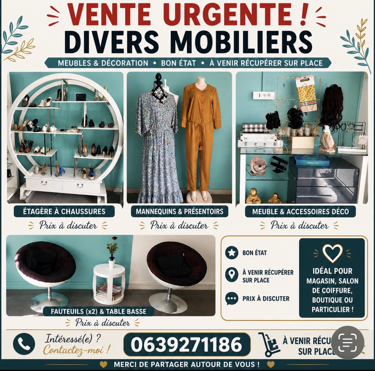 Vends divers articles mobiliers